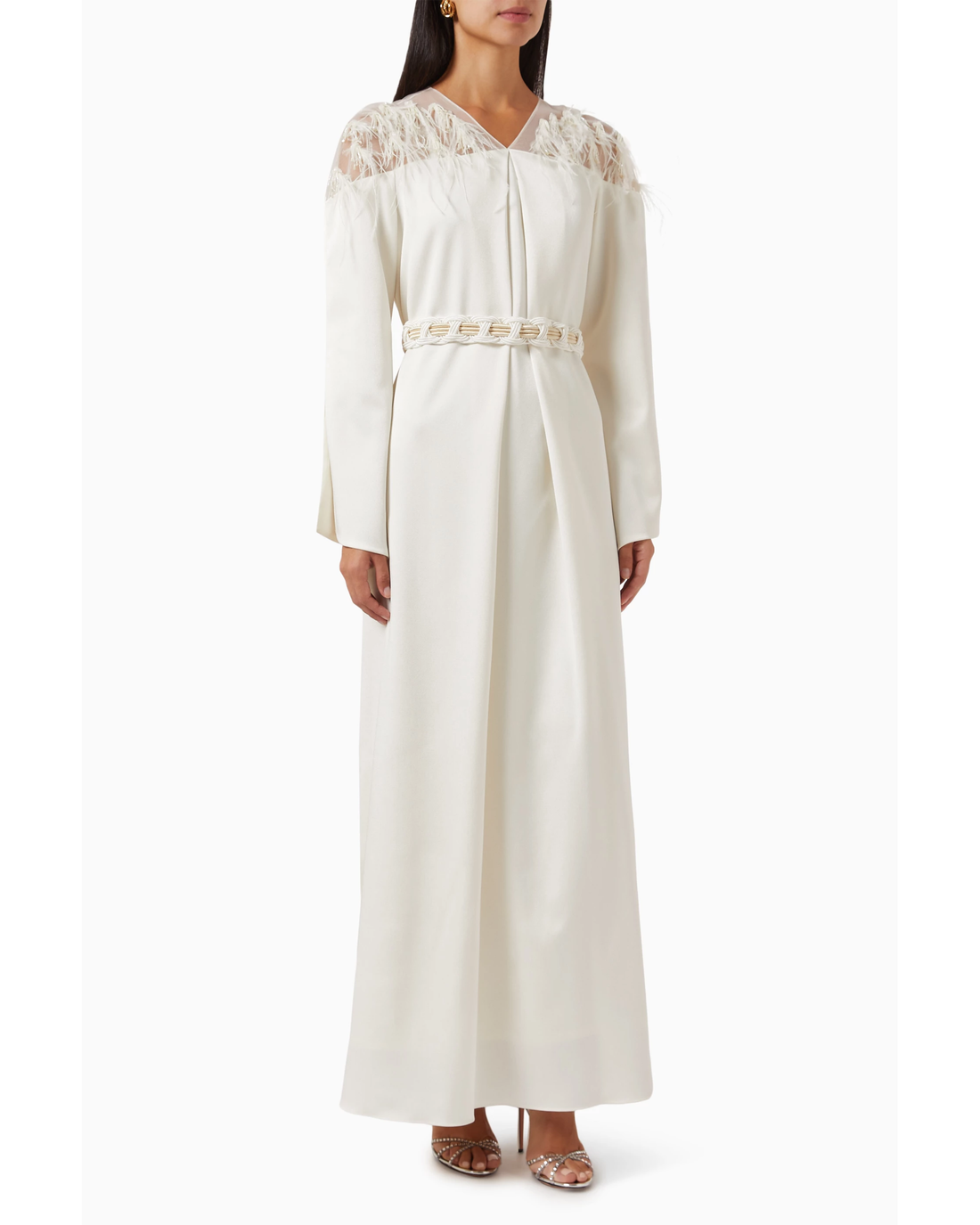 Elegant white maxi dress with lace shoulder detail and decorative braided belt at waist — Nass | Endless UAE