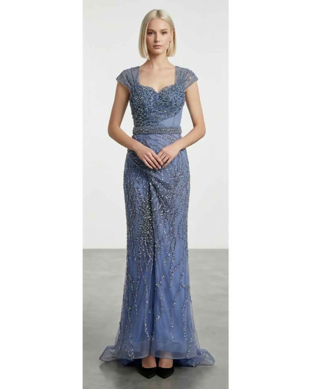 Periwinkle embellished evening gown with cap sleeves and beaded details — Mambo Couture | Endless UAE
