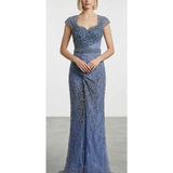 Periwinkle embellished evening gown with cap sleeves and beaded details — Mambo Couture | Endless UAE