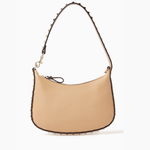 Beige leather mini hobo shoulder bag with dark brown studded trim and single strap — Valentino Garavani | Endless UAE