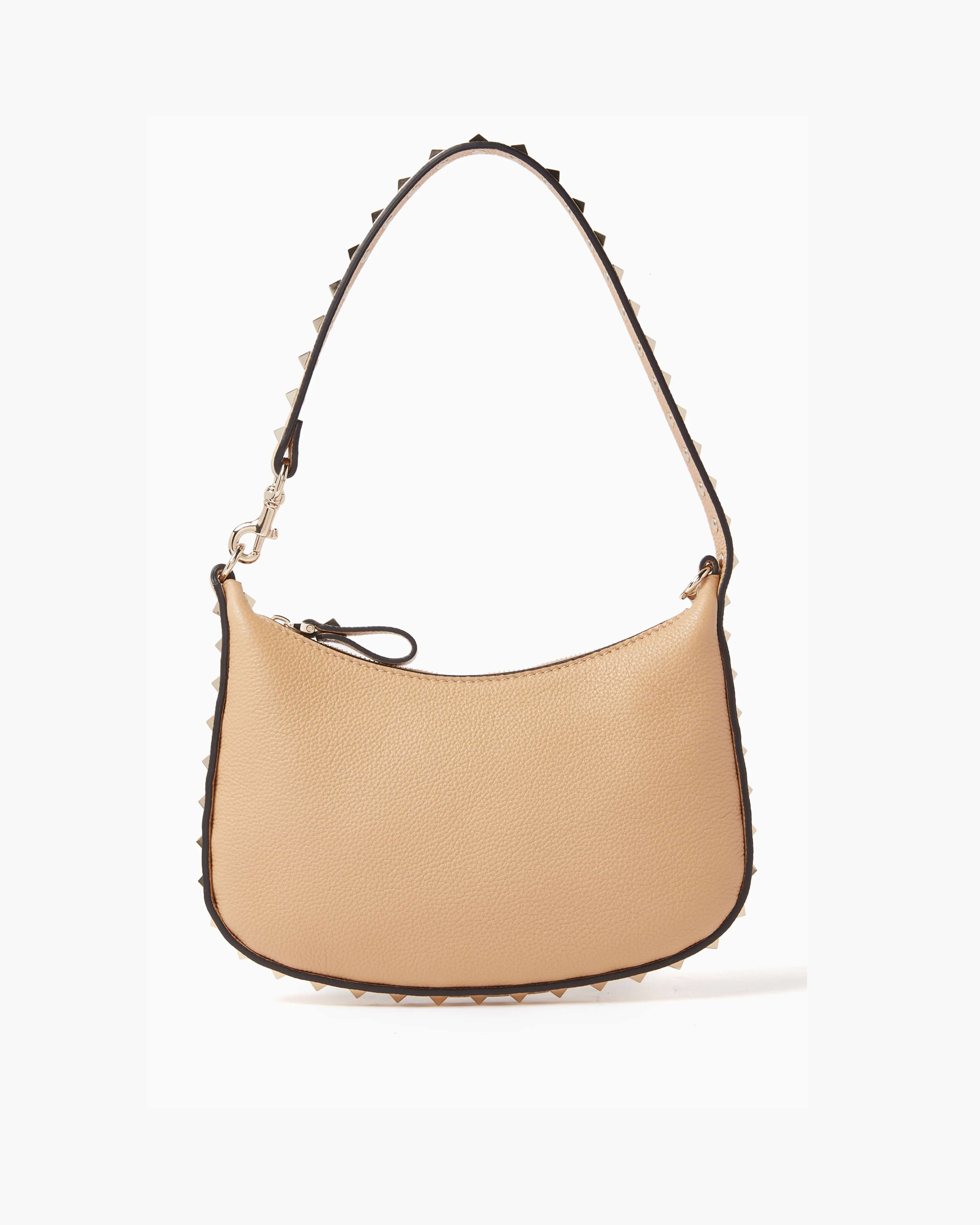 Beige leather mini hobo shoulder bag with dark brown studded trim and single strap — Valentino Garavani | Endless UAE