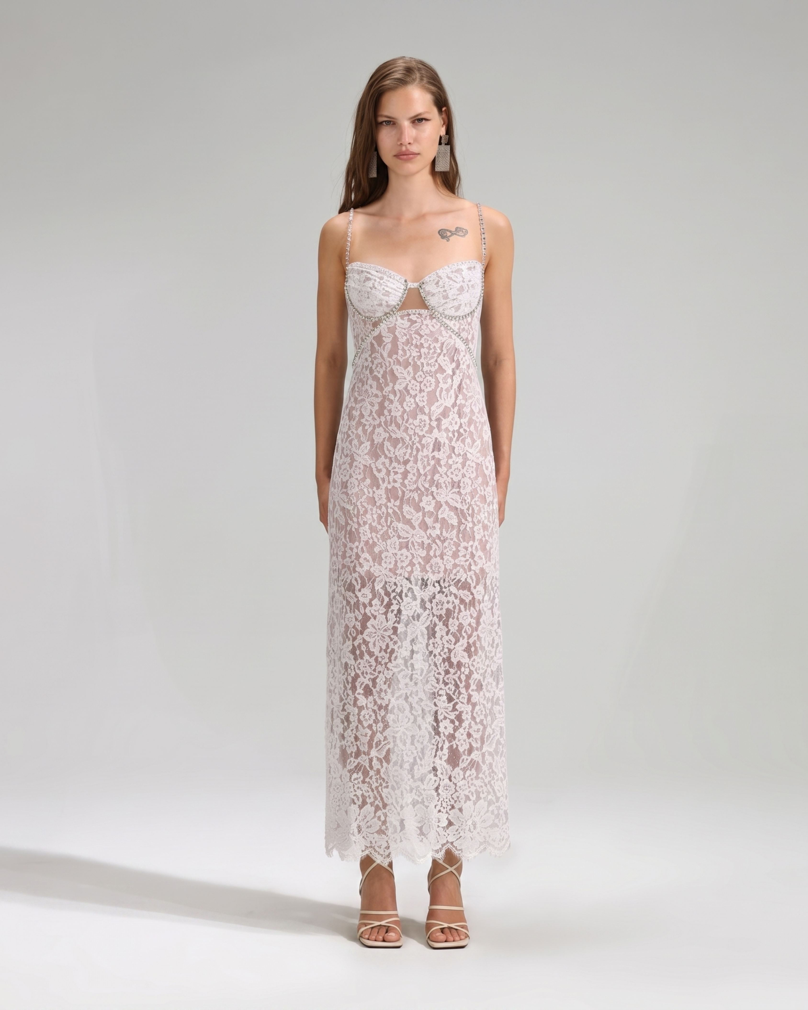 White lace maxi dress with embellished bustier top and cutout detail — Self-Portrait | Endless UAE
