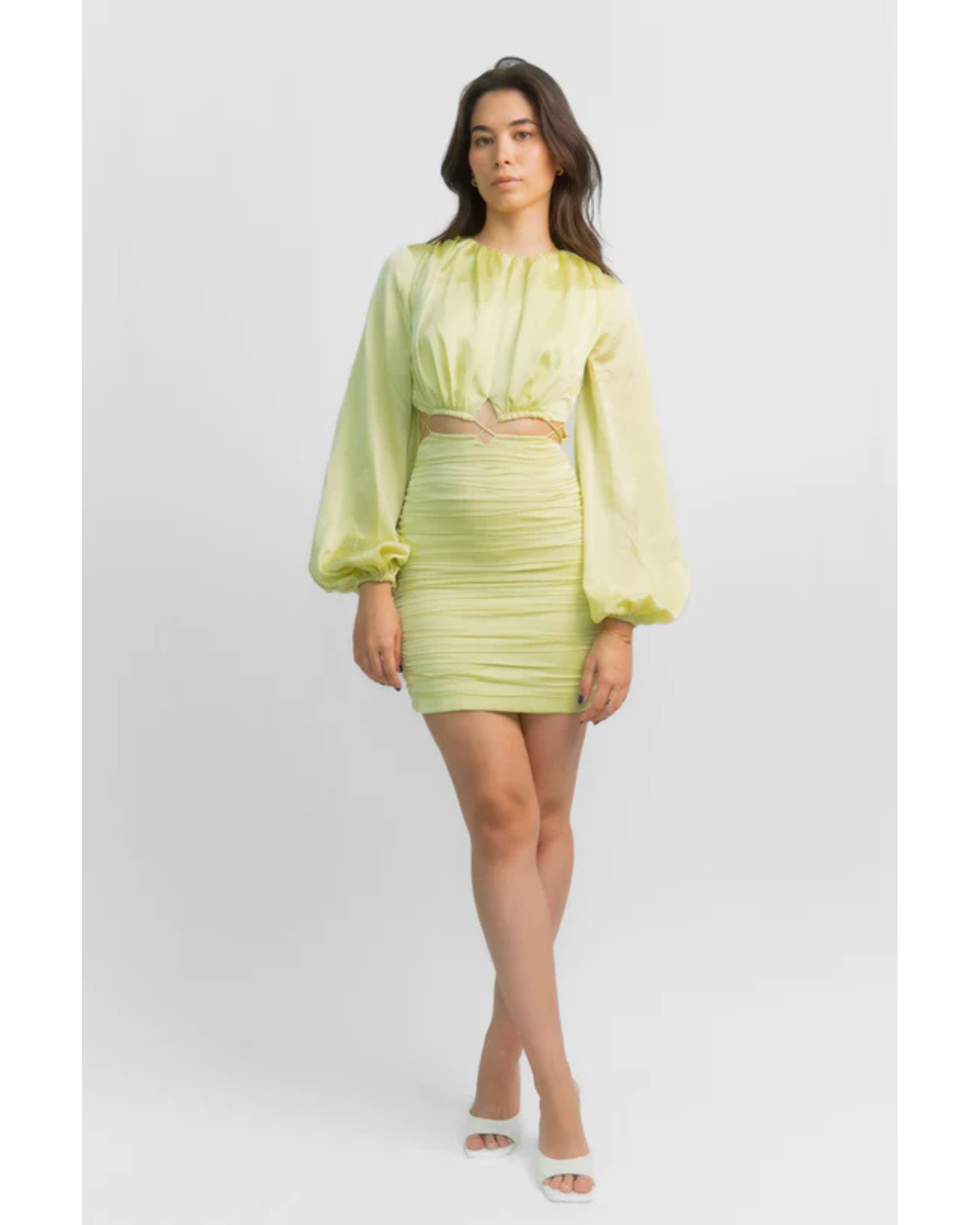 Lime green Coco Mini dress with puffed sleeves and ruched skirt — Finders Keepers | Endless UAE