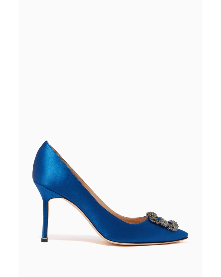 Blue satin pointed-toe pumps with crystal-embellished buckle and 90mm stiletto heel — Manolo Blahnik | Endless UAE