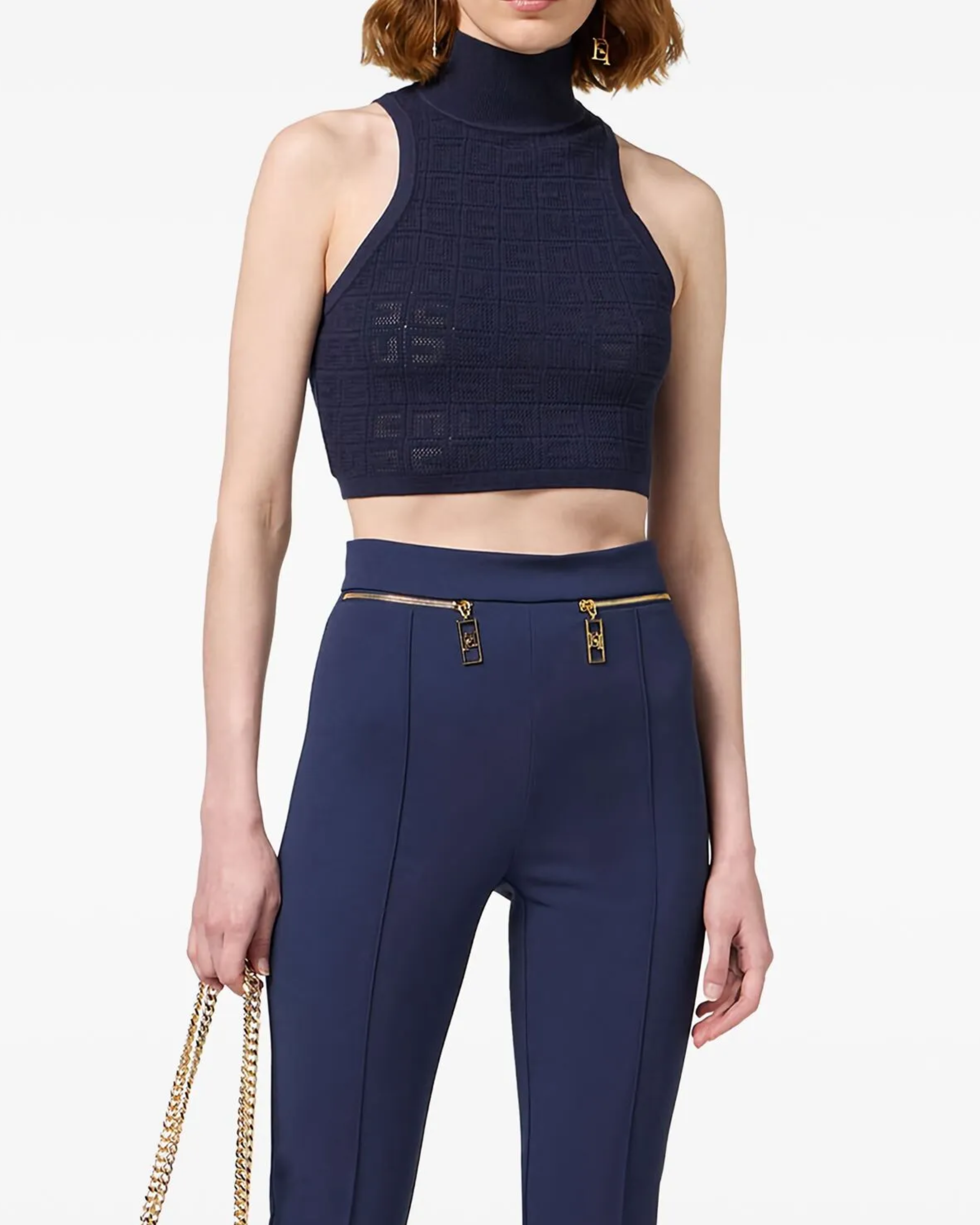 Navy sleeveless turtleneck crop top with textured knit — Elisabetta Franchi | Endless UAE