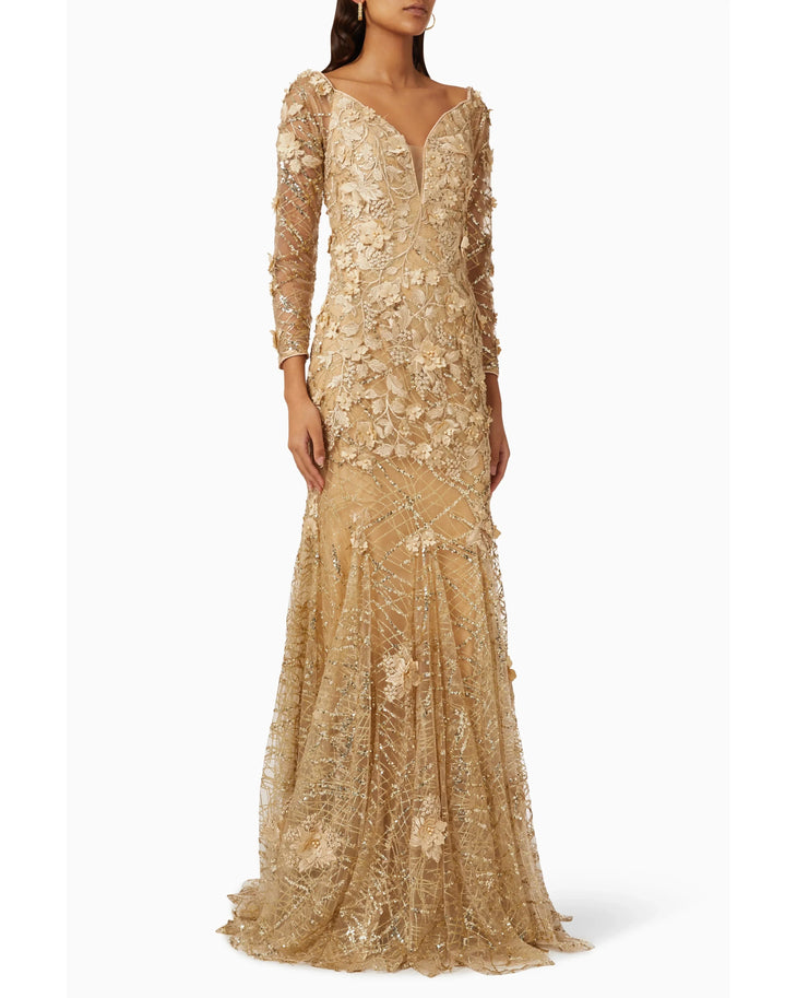 Gold floral-embroidered long-sleeve maxi dress with V-neckline — Jovani | Endless UAE