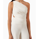 Ivory one-shoulder draped bra top with ruched detailing and cutout side — Norma Kamali | Endless UAE