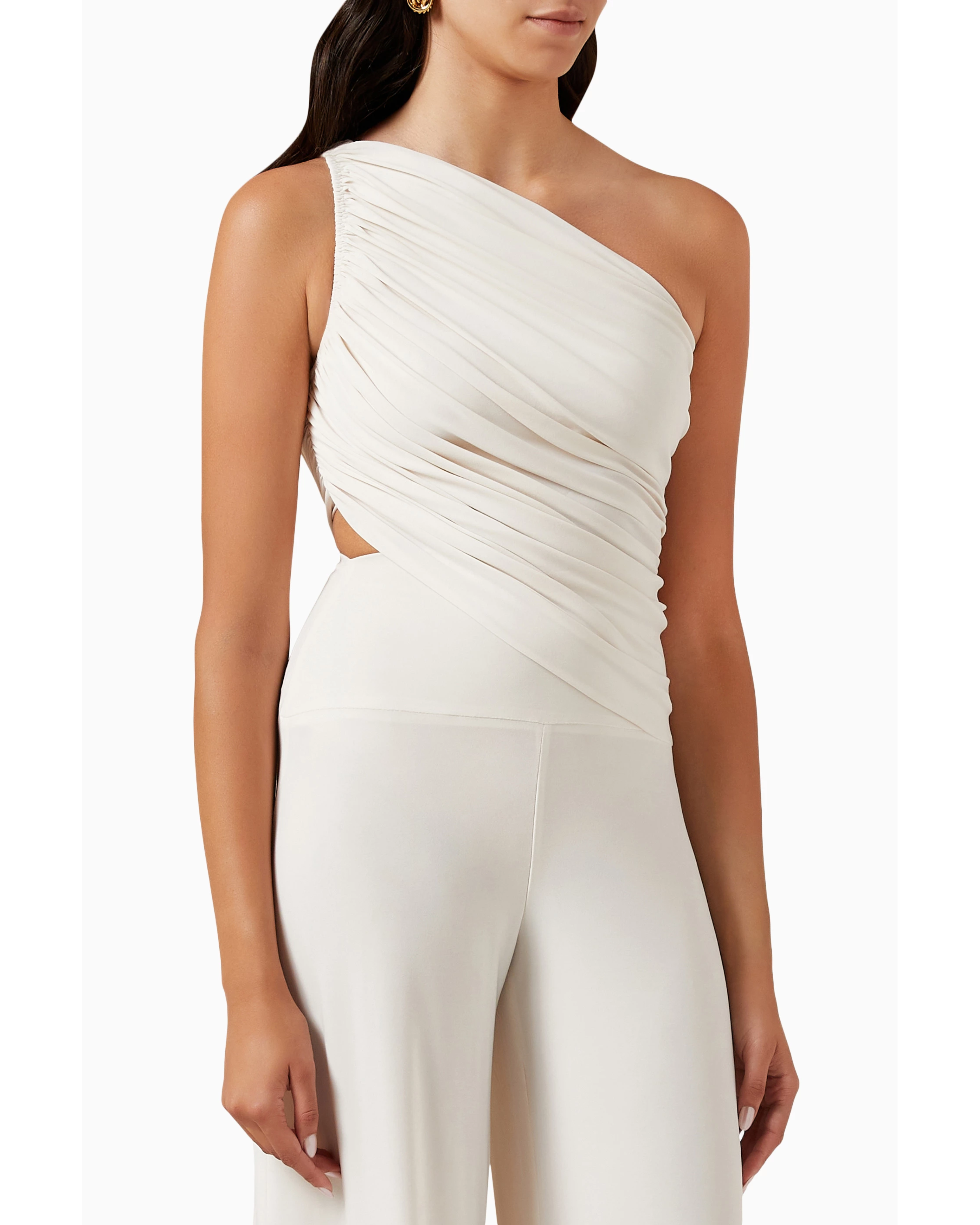 Ivory one-shoulder draped bra top with ruched detailing and cutout side — Norma Kamali | Endless UAE