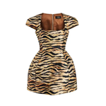 Tiger-striped structured mini dress with puff sleeves and ruched detail — De La Vali | Endless UAE