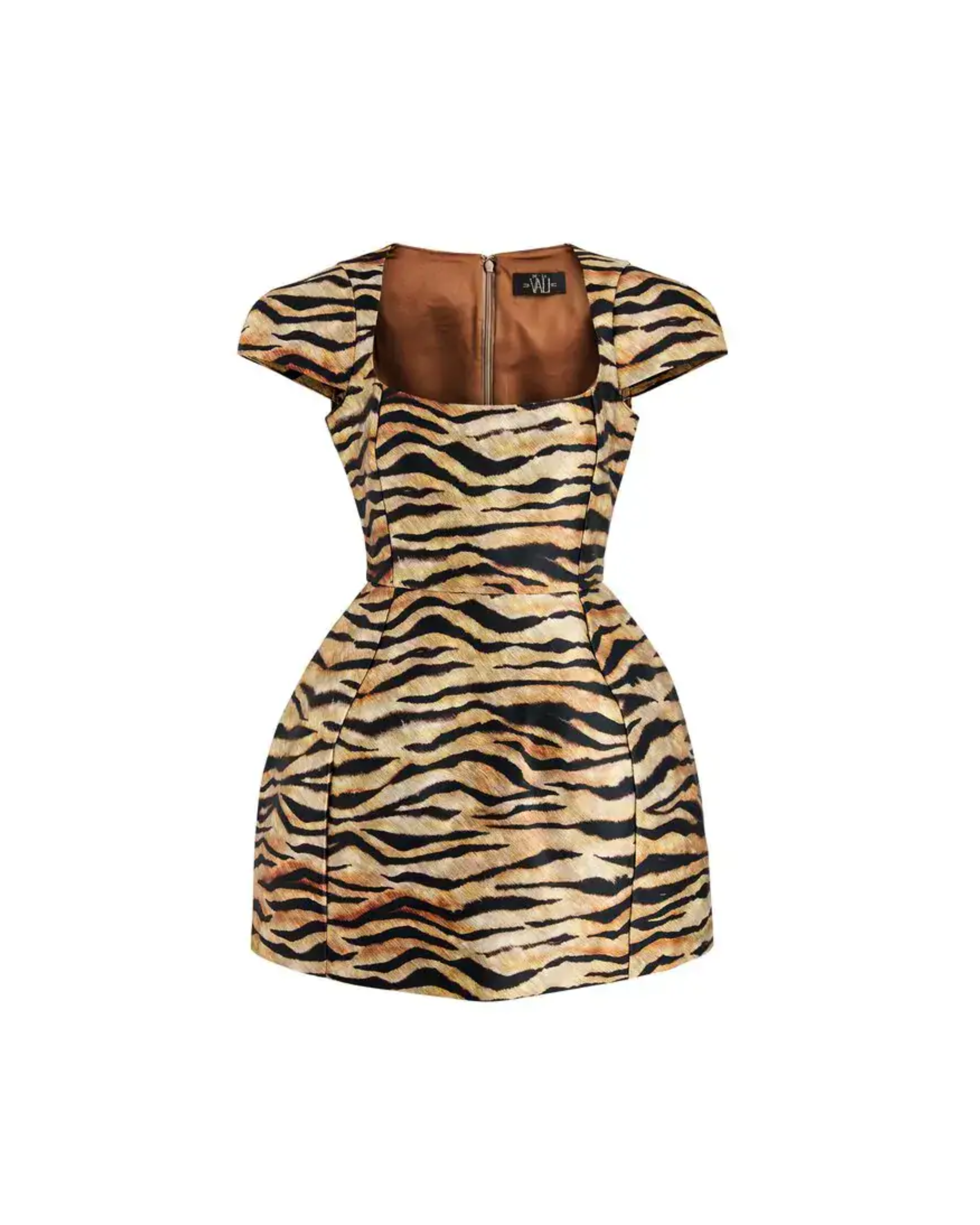 Tiger-striped structured mini dress with puff sleeves and ruched detail — De La Vali | Endless UAE
