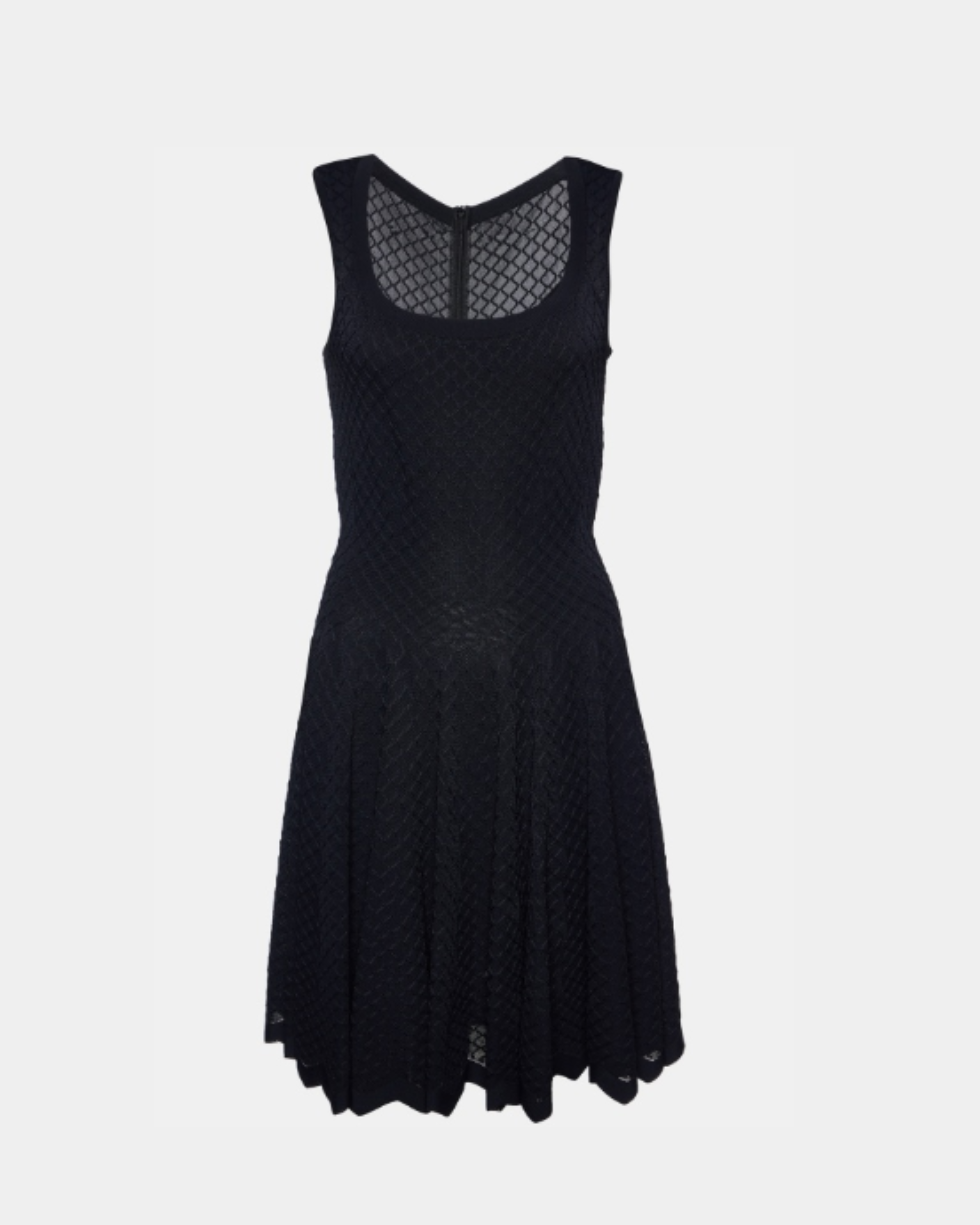 Black sleeveless midi dress with textured embroidered knit, mesh neckline detail, and flared skirt — Alaia | Endless UAE