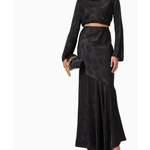Black satin co-ord set with long sleeve crop top and maxi skirt featuring swirl pattern — Significant Other | Endless UAE