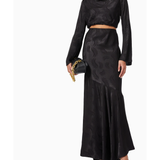 Black satin co-ord set with long sleeve crop top and maxi skirt featuring swirl pattern — Significant Other | Endless UAE
