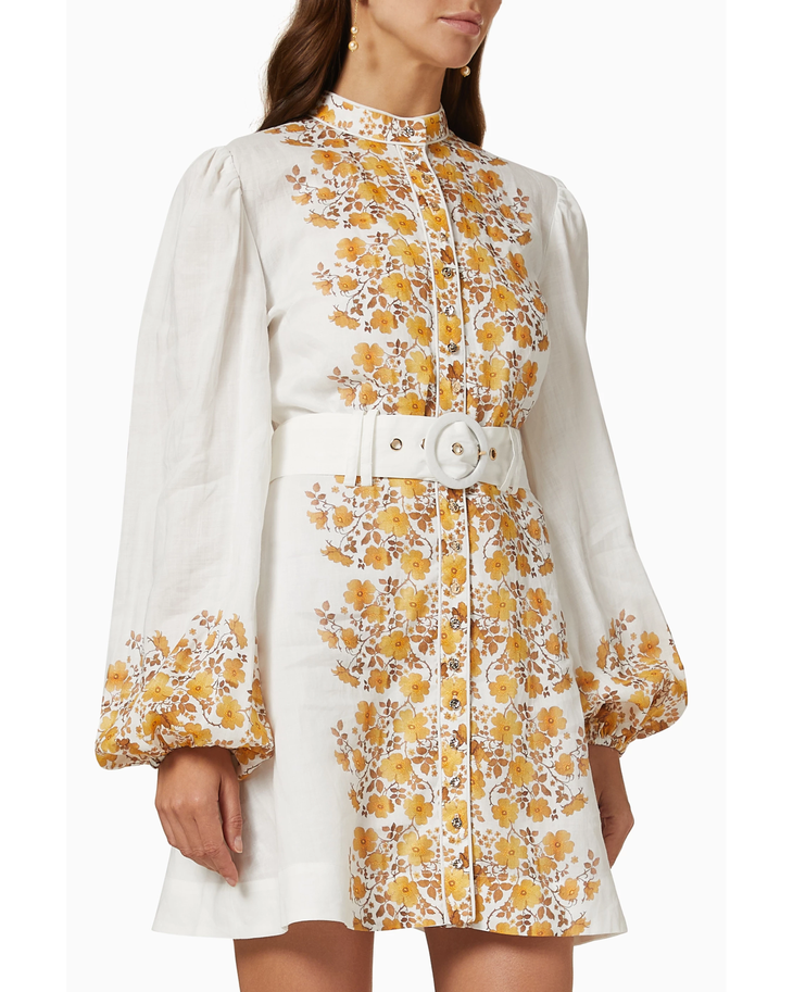 Meadow Long Sleeve Mini Dress in cream with yellow floral print and white belt — Keepsake The Label | Endless UAE