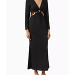 Black maxi dress with long sleeves, plunging V-neckline, and cutout waist detail — Never Fully Dressed | Endless UAE