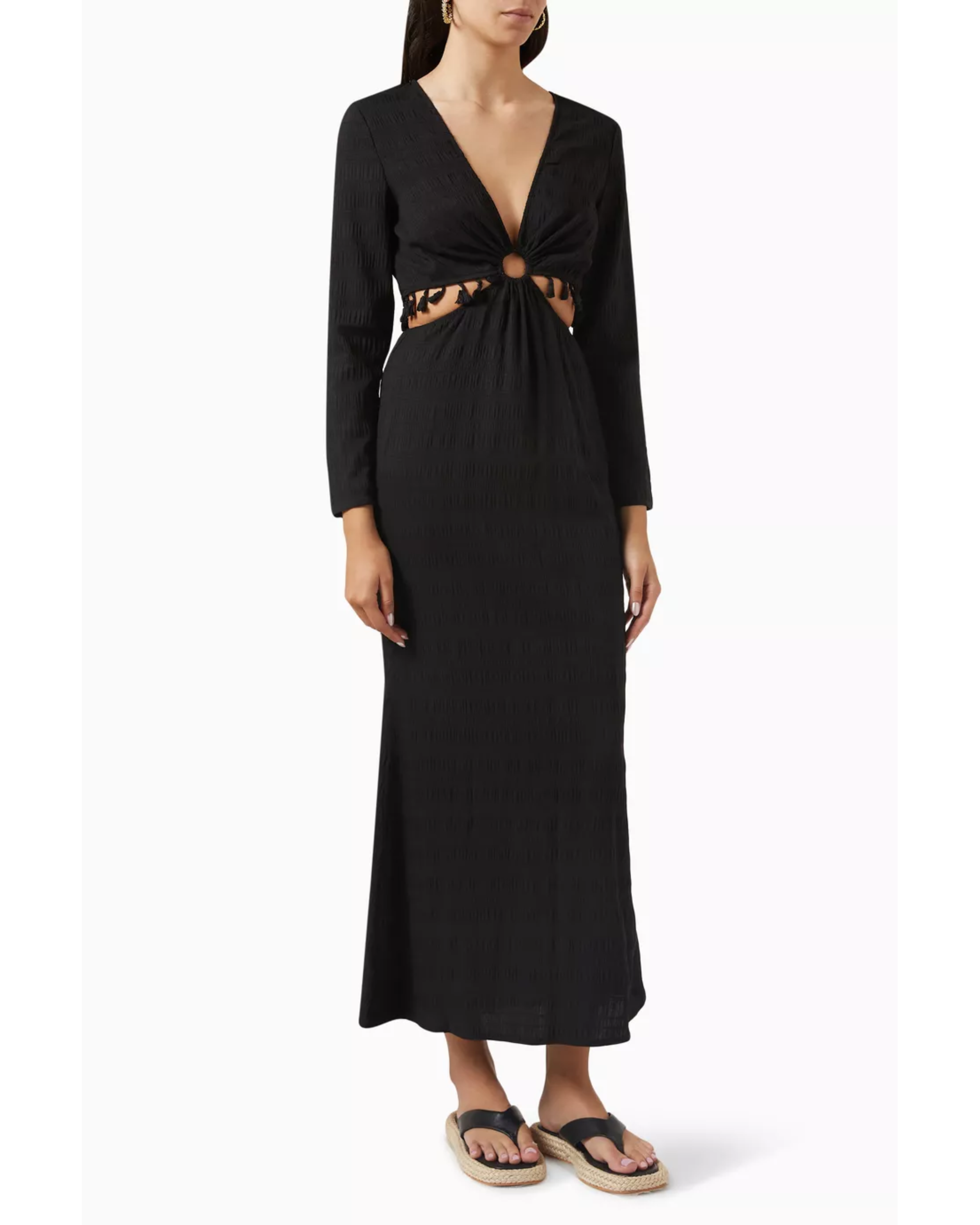 Black maxi dress with long sleeves, plunging V-neckline, and cutout waist detail — Never Fully Dressed | Endless UAE