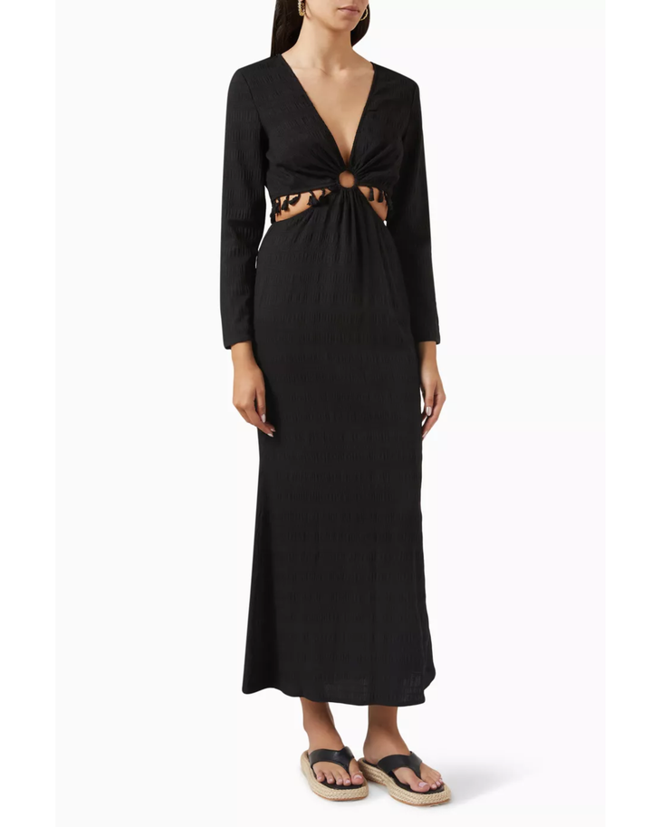 Black maxi dress with long sleeves, plunging V-neckline, and cutout waist detail — Never Fully Dressed | Endless UAE