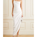 White asymmetric draped twill dress with thin straps — Jacquemus | Endless UAE