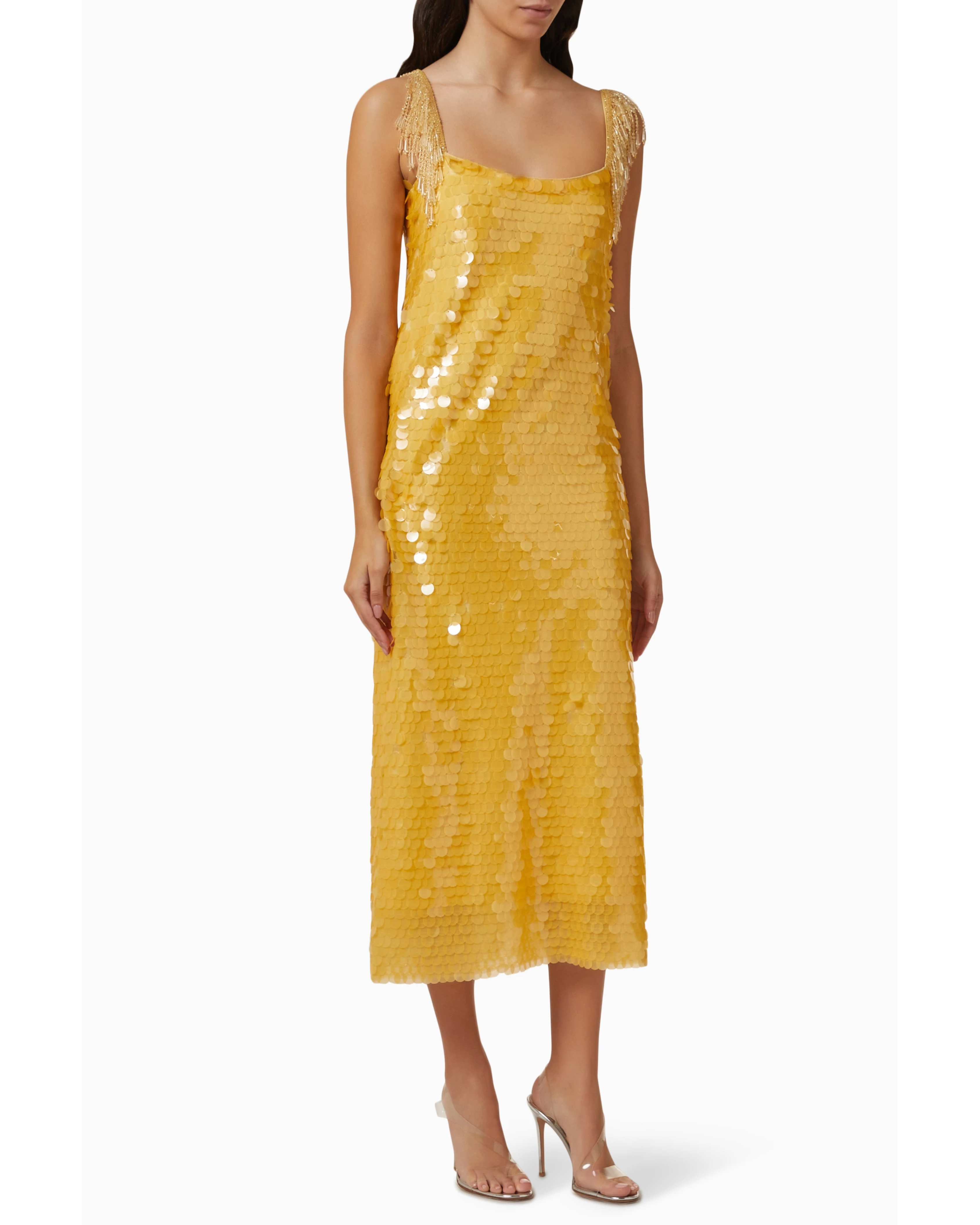 Gold sequin midi dress with beaded straps and scoop neckline — Alexis | Endless UAE