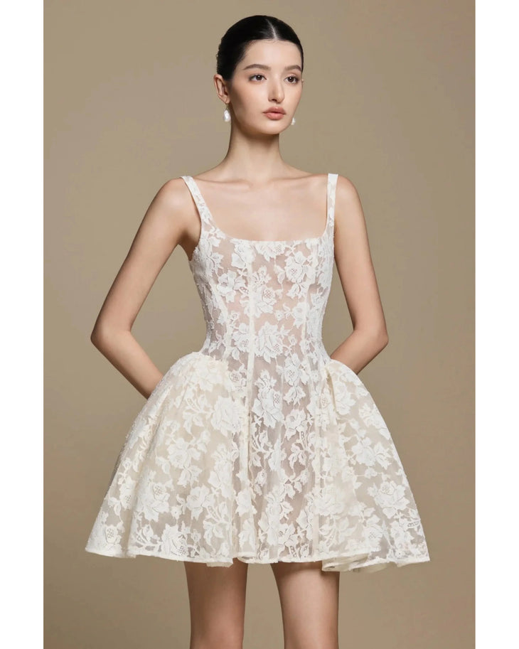 Rosalie ivory lace fit-and-flare mini dress with square neckline — Huong Boutique | Endless UAE