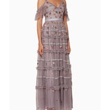 Vintage-Lavender Celeste Embellished Gown with tiered ruffles and floral beading — Needle & Thread | Endless UAE