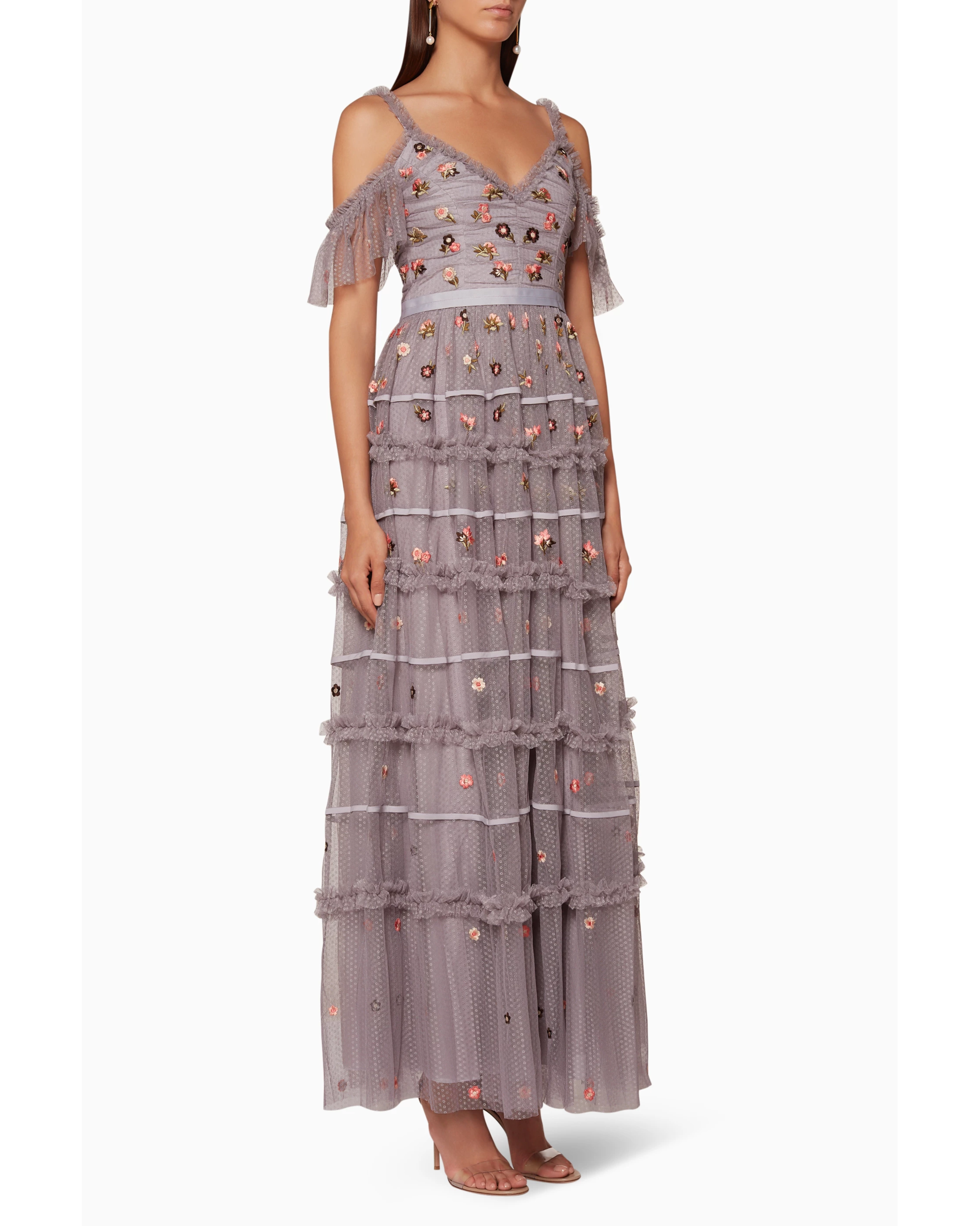 Vintage-Lavender Celeste Embellished Gown with tiered ruffles and floral beading — Needle & Thread | Endless UAE