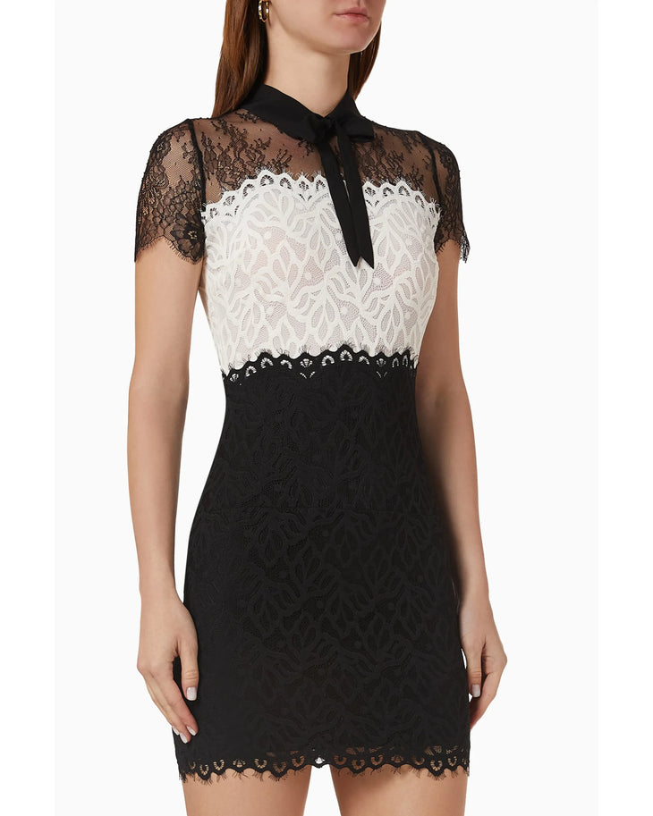 Two-tone lace short dress with black bow collar and white lace panel — Sandro | Endless UAE