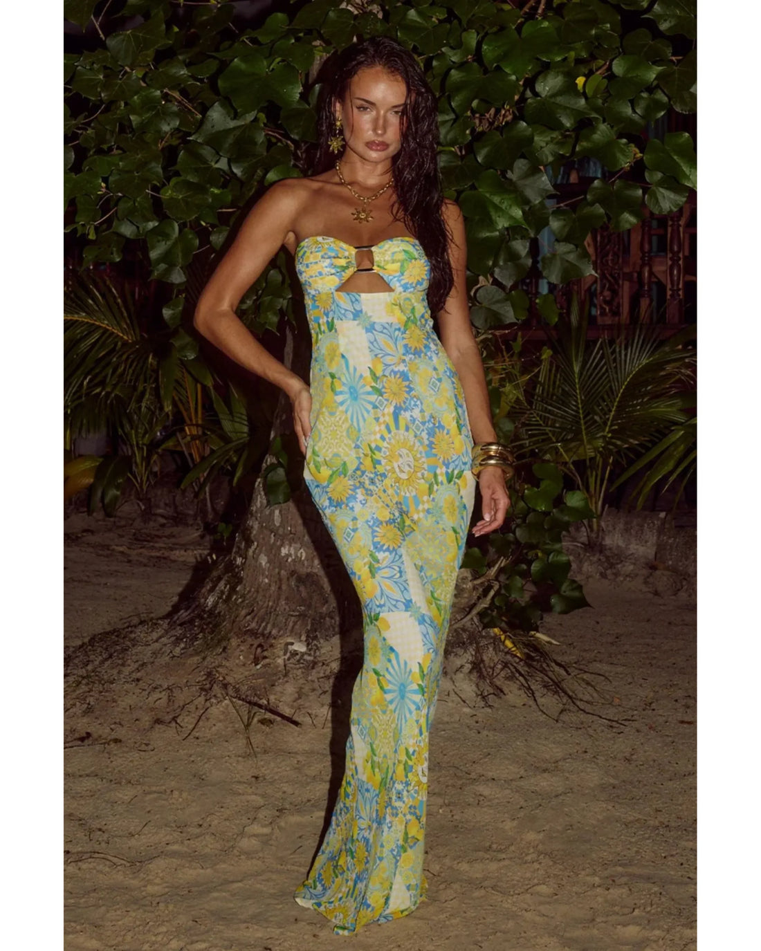 Velzy Strapless Maxi Dress in yellow floral print — Runaway The Label | Endless UAE