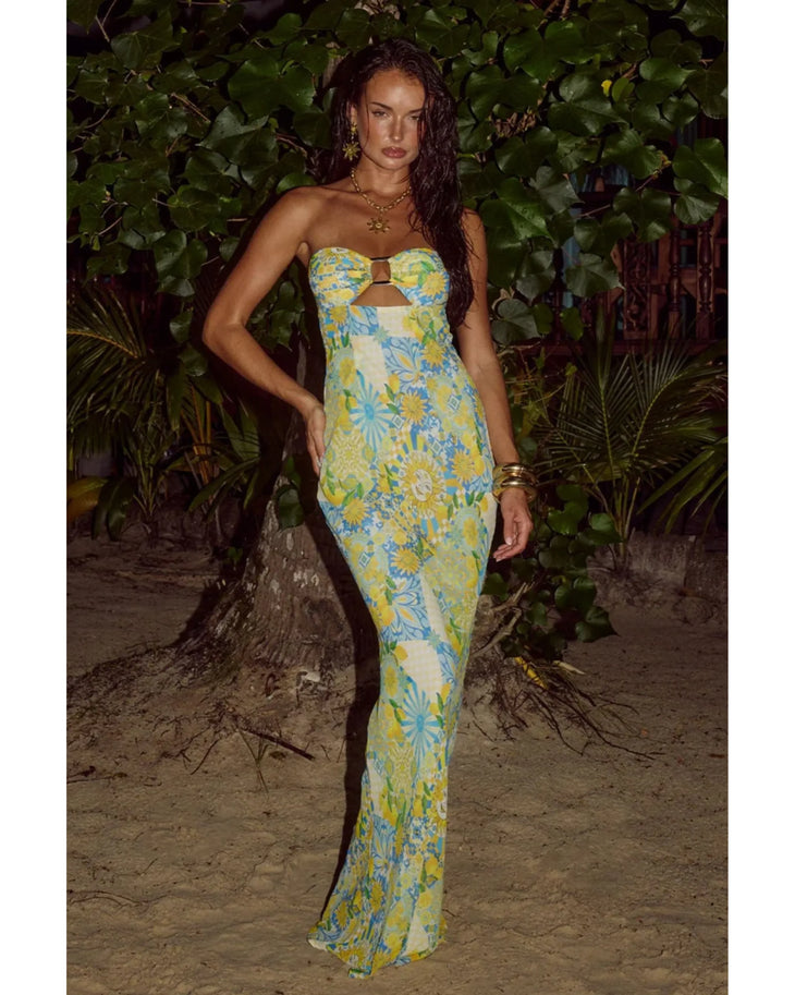 Velzy Strapless Maxi Dress in yellow floral print — Runaway The Label | Endless UAE