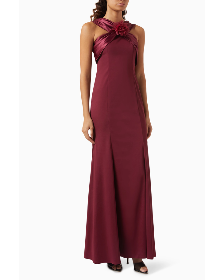 Burgundy sleeveless maxi dress with floral applique halter neckline — Amri | Endless UAE