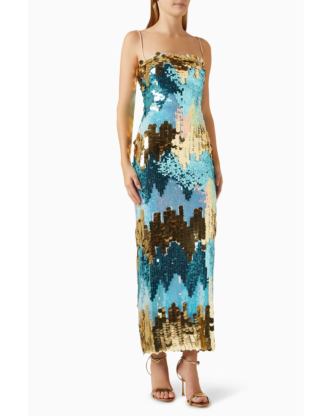 Woman wearing a sequined strapless midi dress in turquoise, gold and bronze — The New Arrivals | Endless UAE