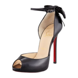 Black leather peep-toe platform pumps with bow detail and lace-up ankle straps — Christian Louboutin | Endless UAE