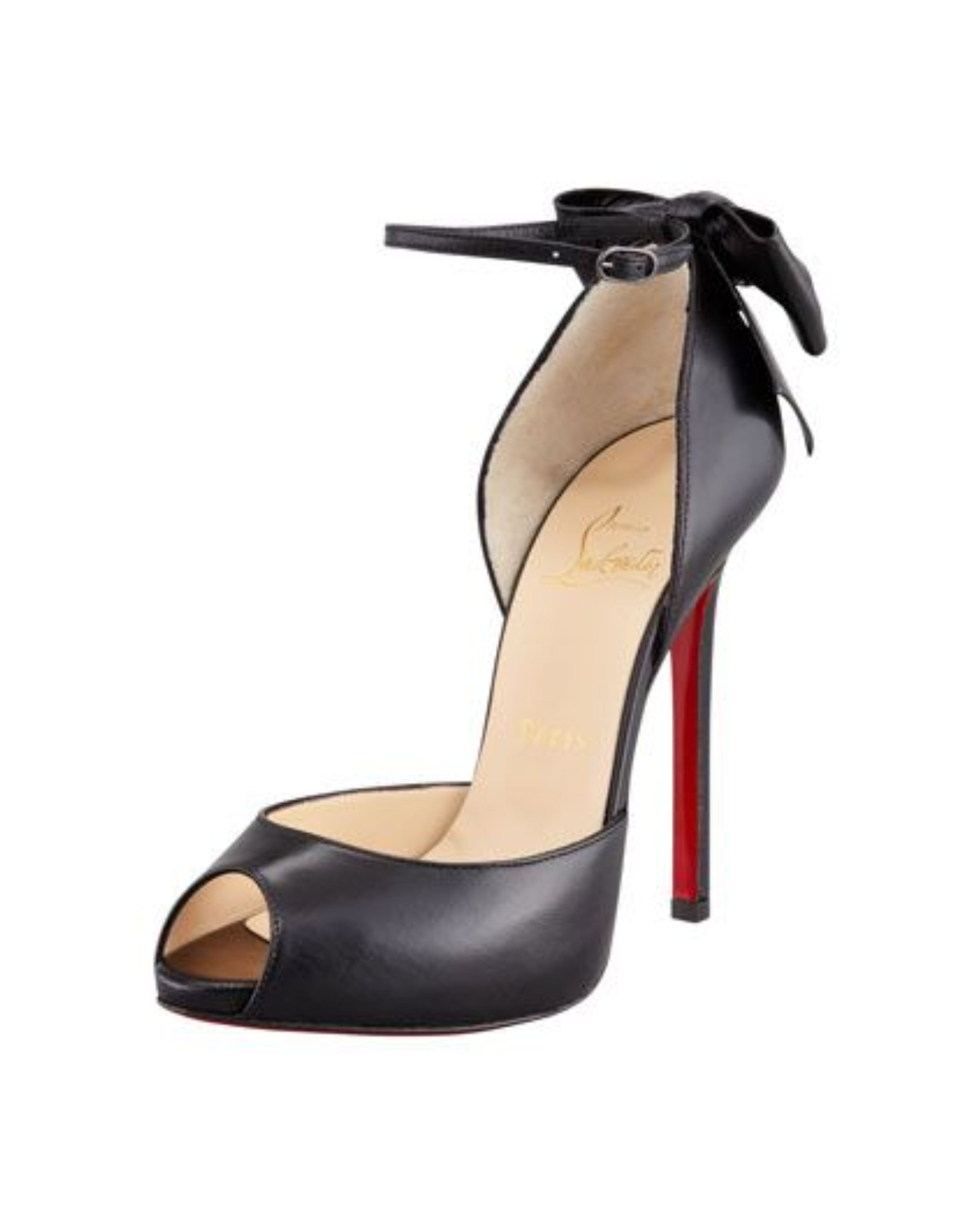 Black leather peep-toe platform pumps with bow detail and lace-up ankle straps — Christian Louboutin | Endless UAE