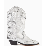 Silver crackled leather western-style cowboy boot with black heel and decorative stitching — Schutz | Endless UAE