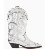 Silver crackled leather western-style cowboy boot with black heel and decorative stitching — Schutz | Endless UAE