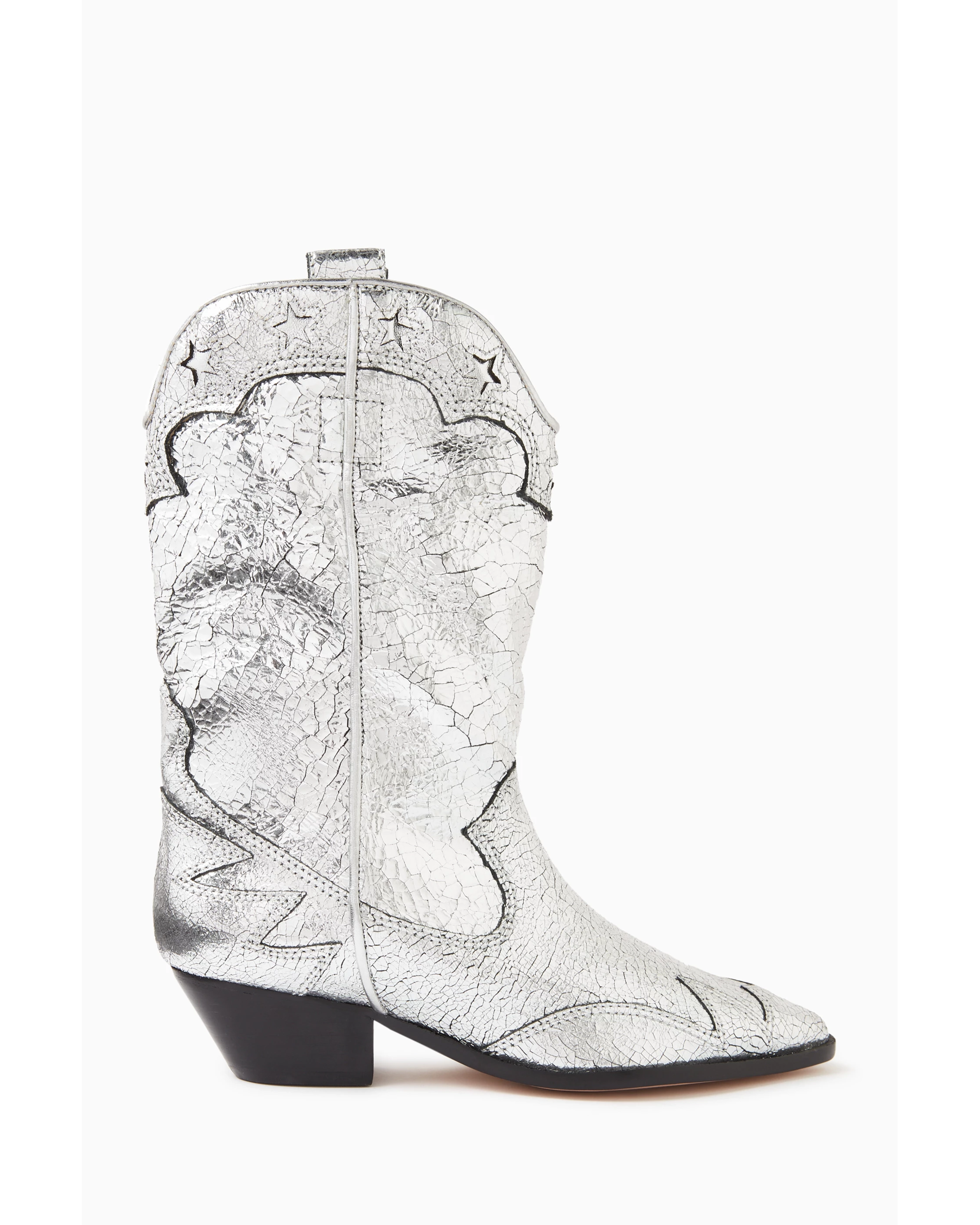 Silver crackled leather western-style cowboy boot with black heel and decorative stitching — Schutz | Endless UAE