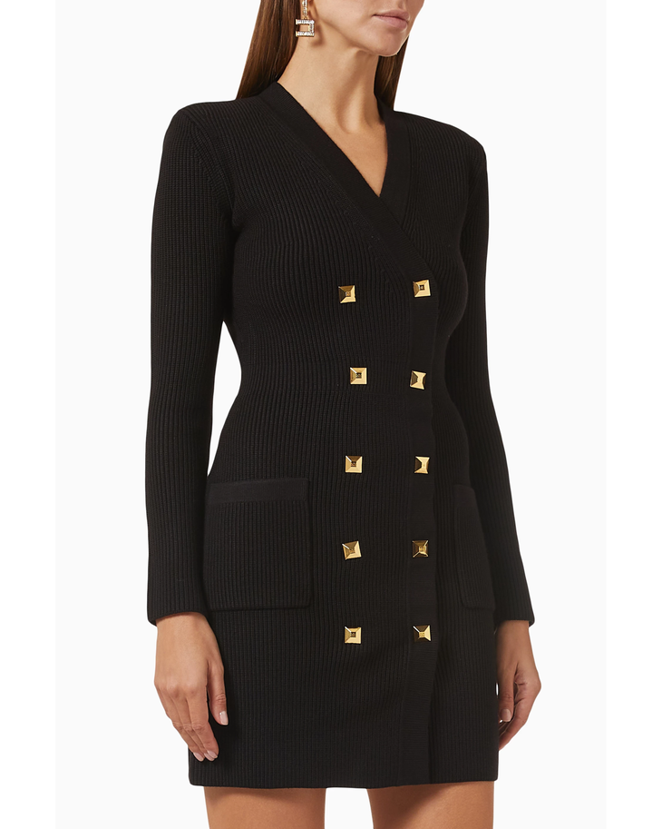 Black ribbed knit mini dress with gold pyramid stud buttons and V-neckline — Elizabetta Franchi | Endless UAE