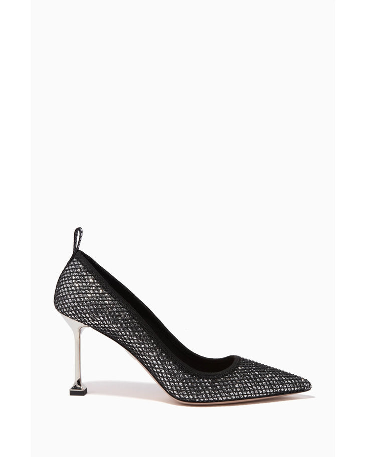Black glitter mesh pointed-toe pumps with sculptural heel — Miu Miu | Endless UAE