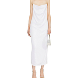 Woman wearing white sequin midi camisole dress with strappy heels — Rotate | Endless UAE