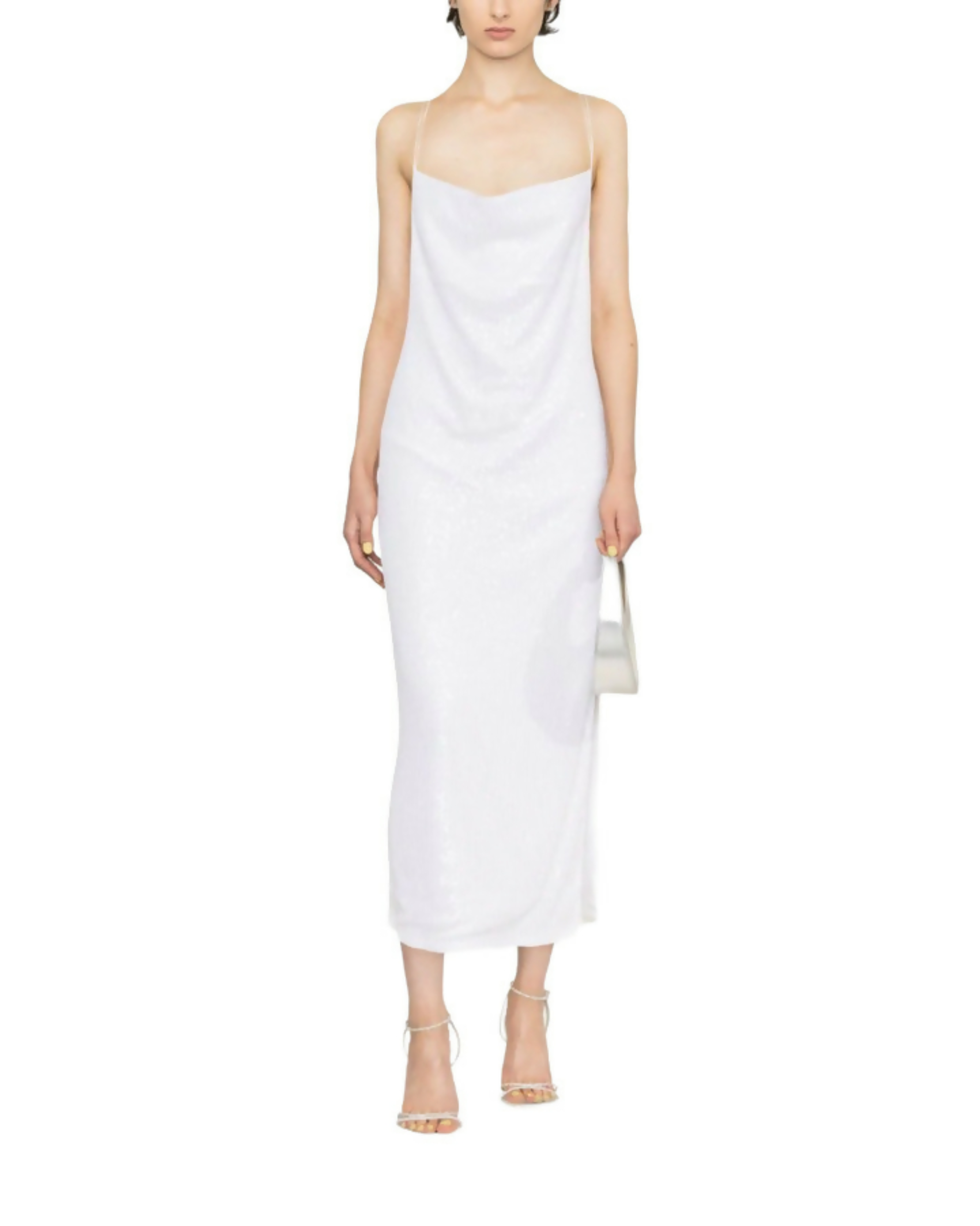 Woman wearing white sequin midi camisole dress with strappy heels — Rotate | Endless UAE