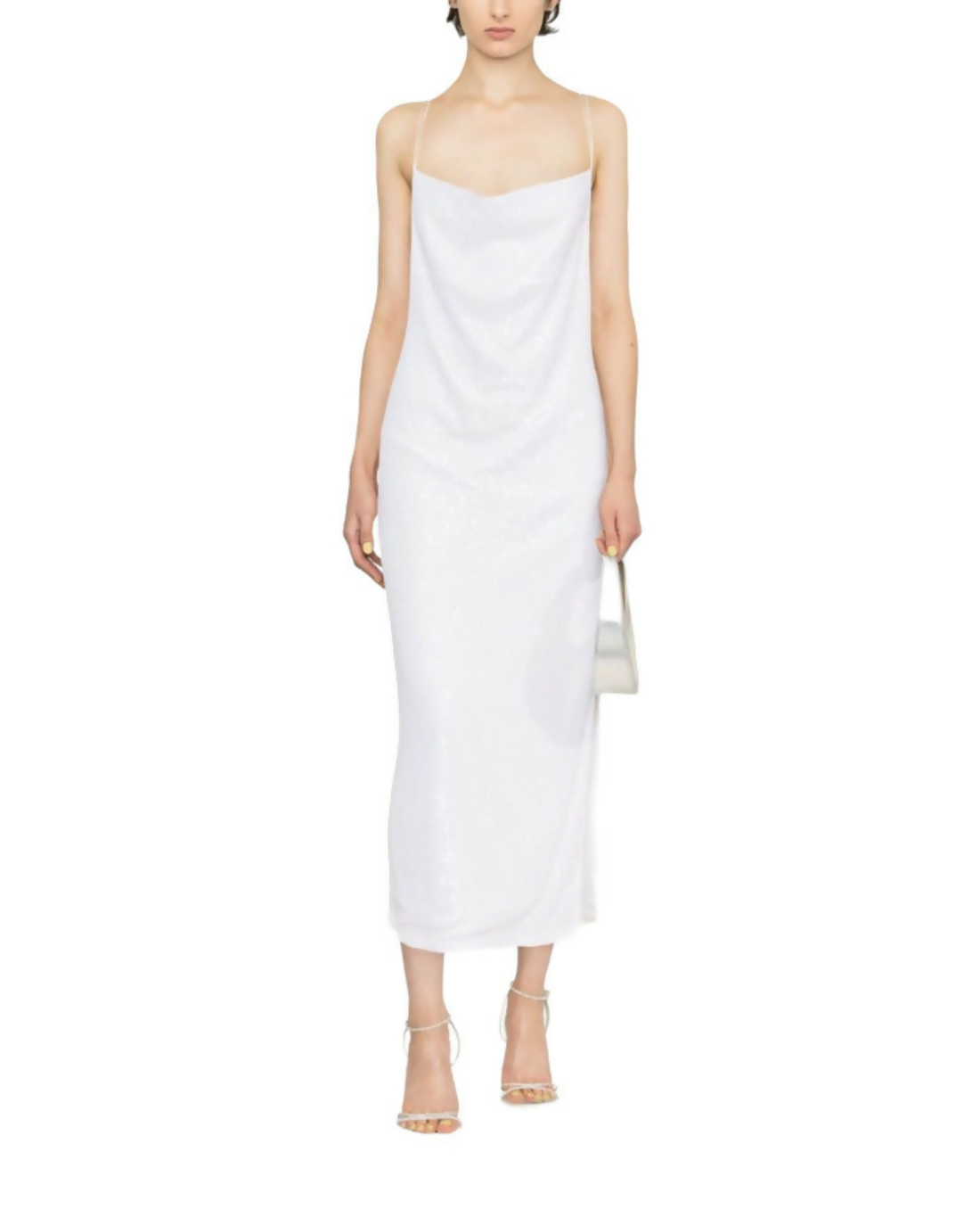 Woman wearing white sequin midi camisole dress with strappy heels — Rotate | Endless UAE