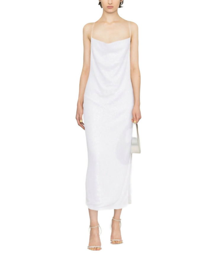 Woman wearing white sequin midi camisole dress with strappy heels — Rotate | Endless UAE