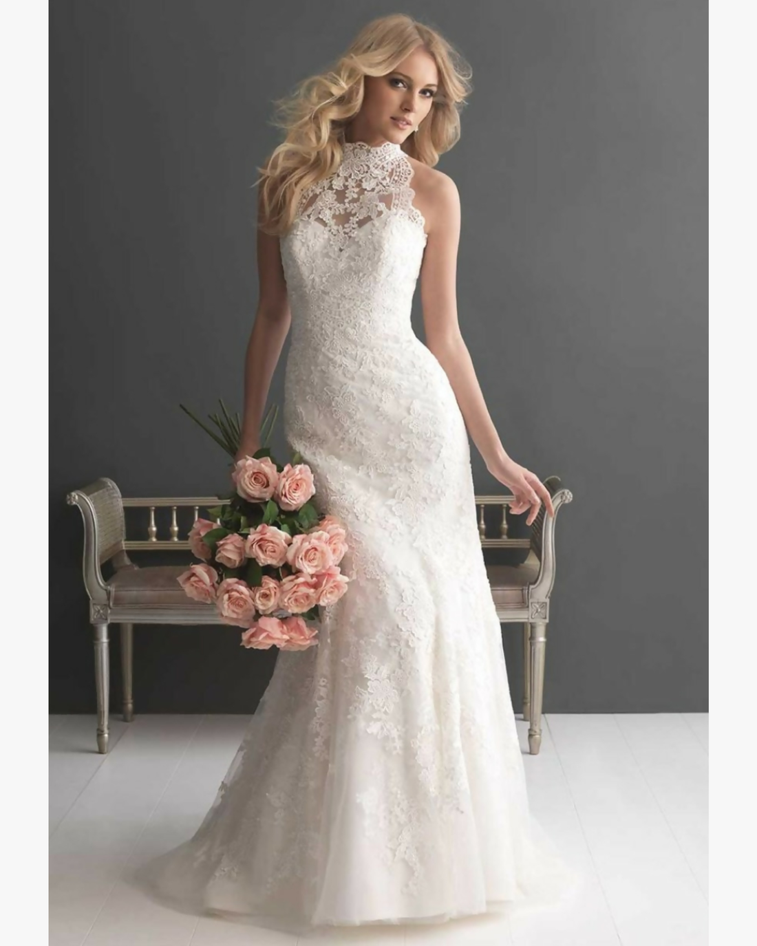 Elegant sleeveless lace wedding gown with high neckline and fitted mermaid silhouette — Allure Romance | Endless UAE