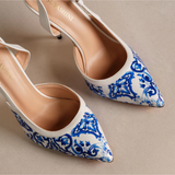 Blue and white porcelain print pointed toe kitten heels with slingback strap — Subashini Heels | Endless UAE