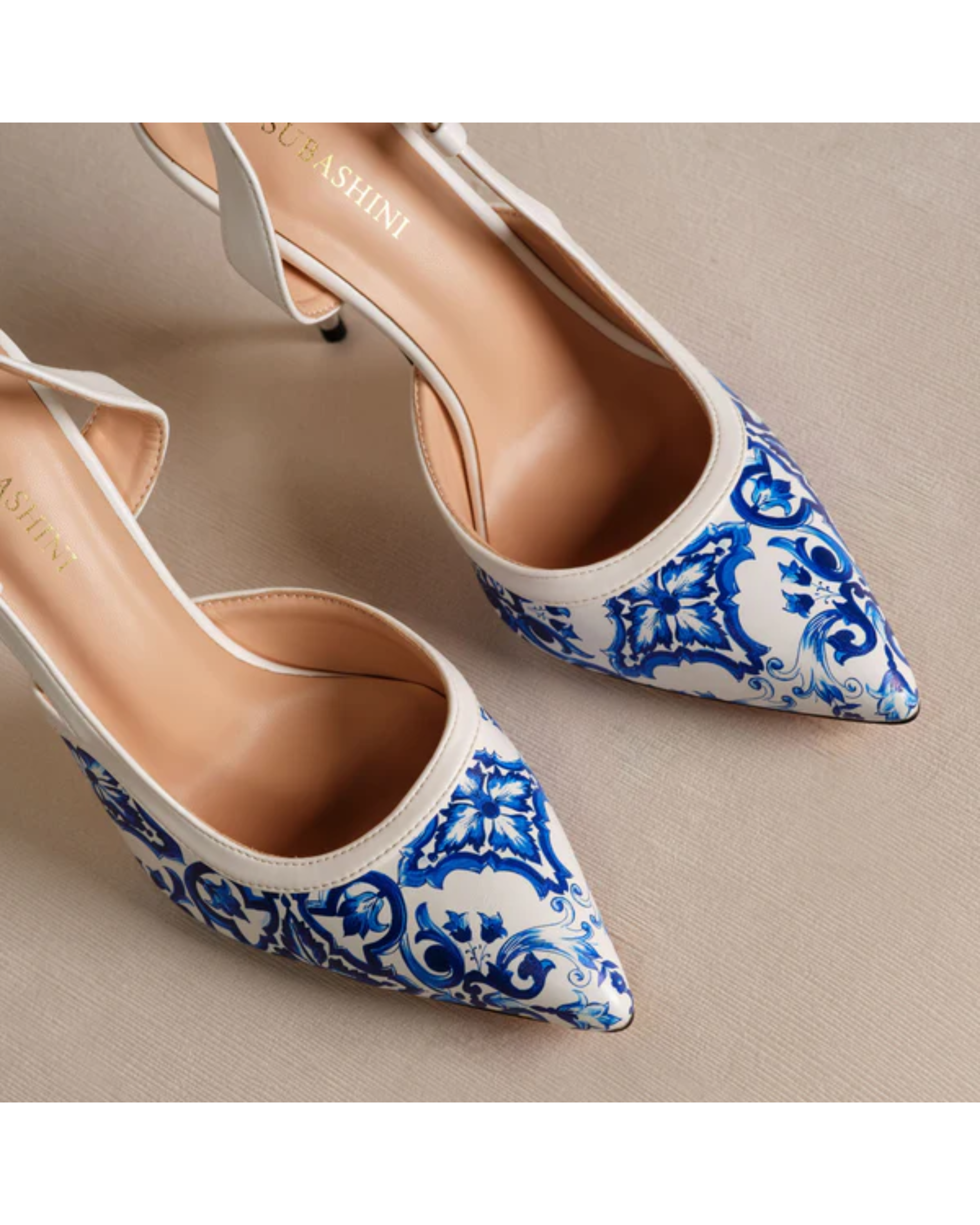 Blue and white porcelain print pointed toe kitten heels with slingback strap — Subashini Heels | Endless UAE