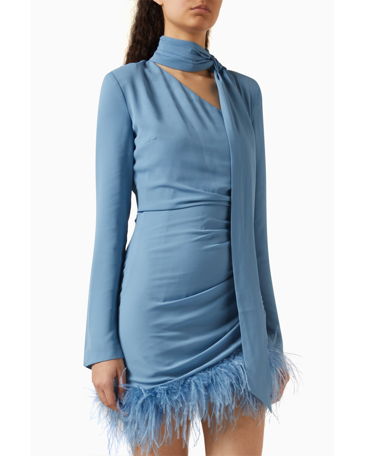 Blue satin mini dress with asymmetric neckline, neck tie detail, ruched body, long sleeves and feather hem trim — De La Vali | Endless UAE