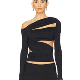 Black asymmetric long sleeve top with cutout details and ruched fabric — Lioness | Endless UAE