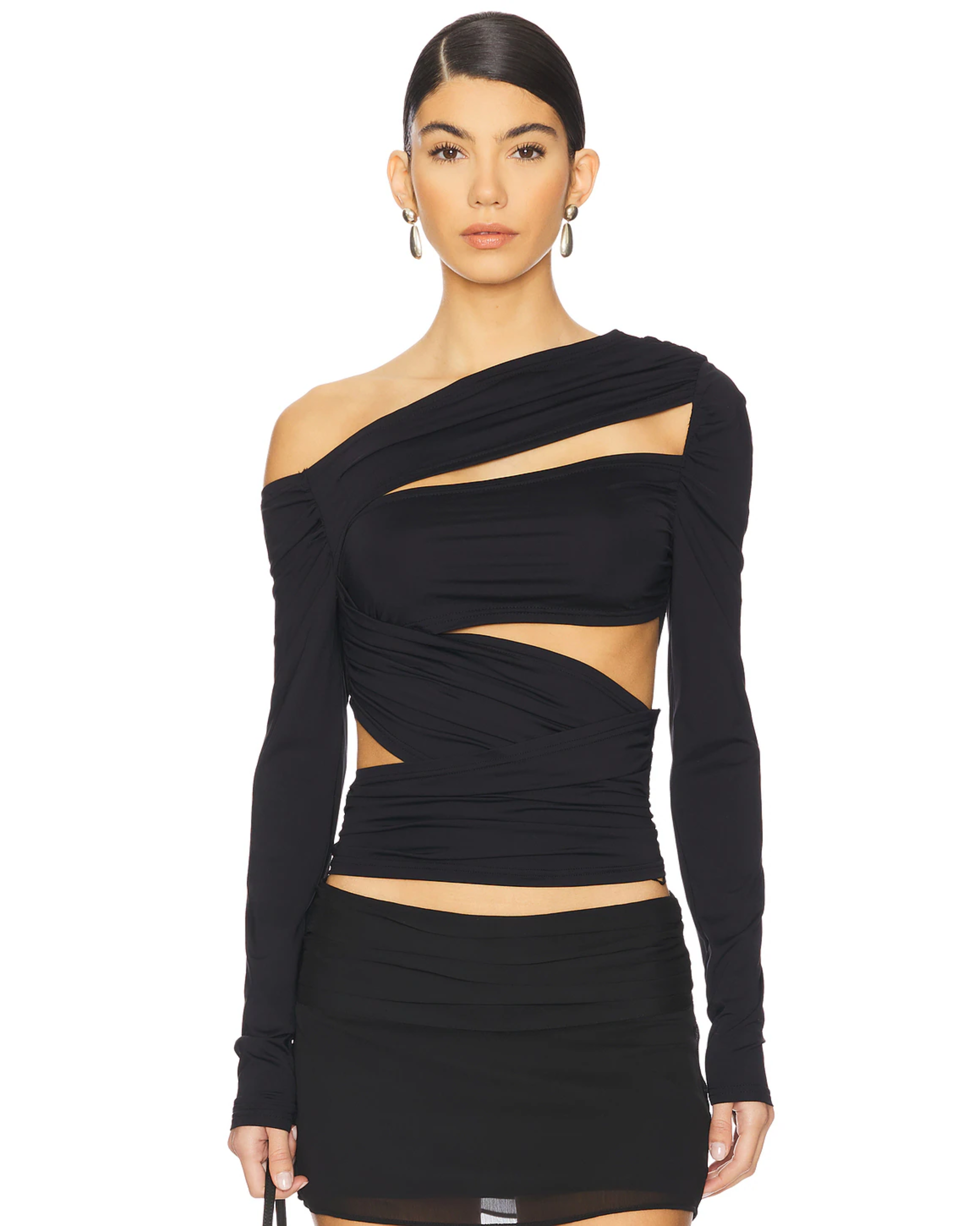 Black asymmetric long sleeve top with cutout details and ruched fabric — Lioness | Endless UAE