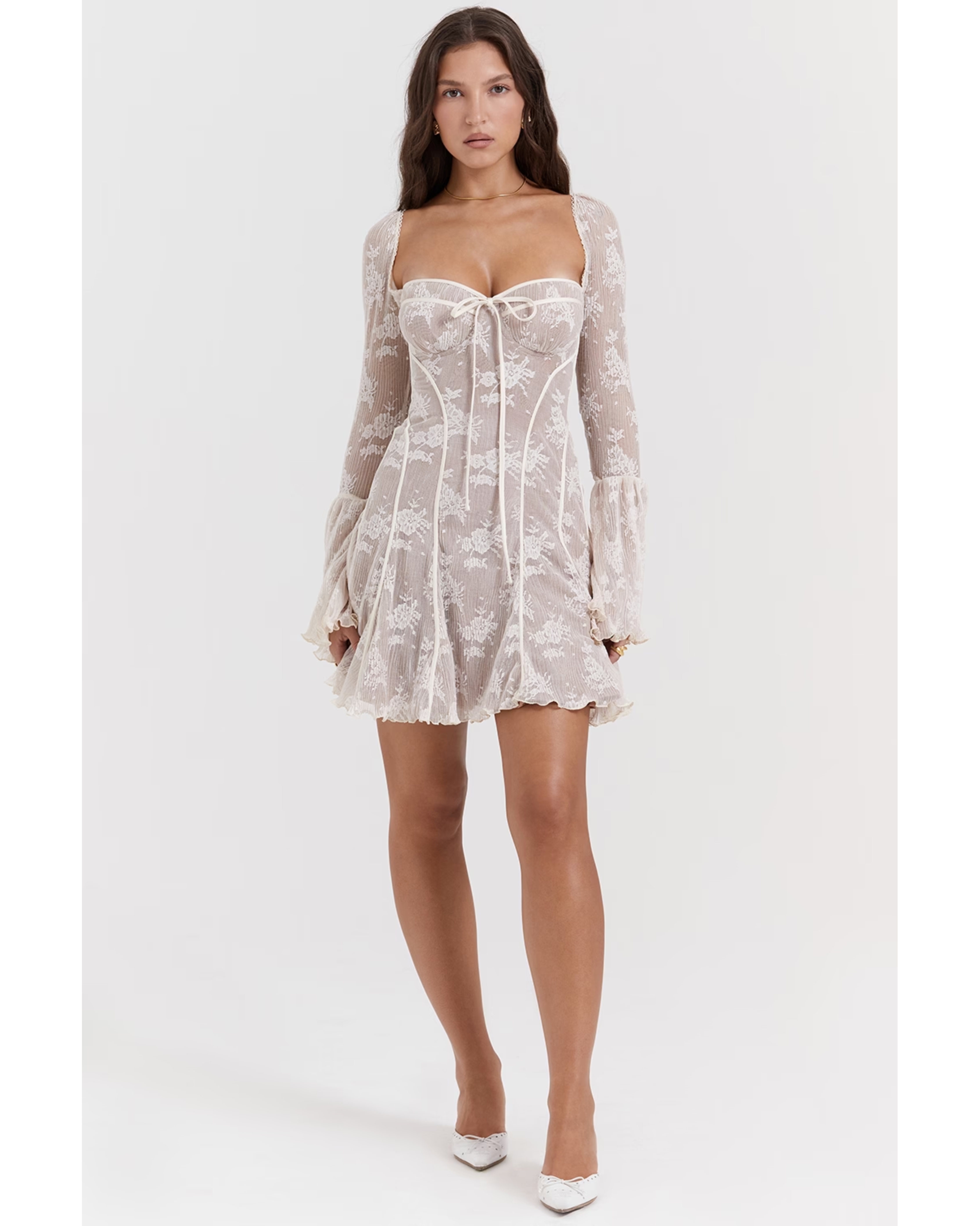 Cream lace corset dress with long sleeves and sweetheart neckline — House of CB | Endless UAE