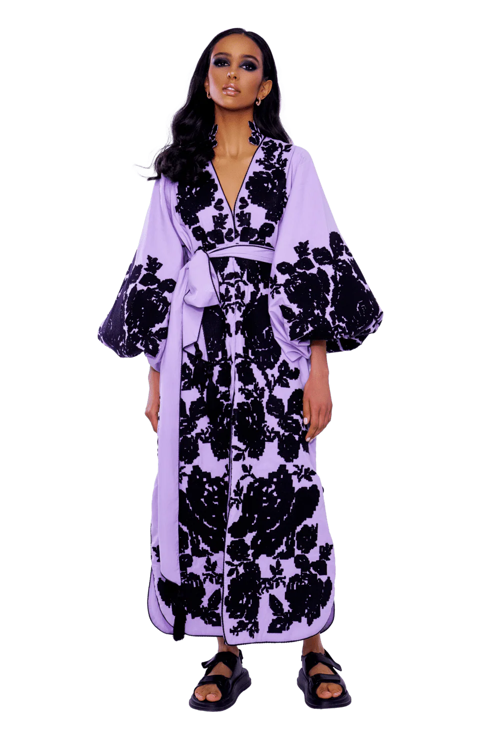 Lavender cotton caftan midi dress with black rose embroidery and balloon sleeves — Yuliya Magdych | Endless UAE